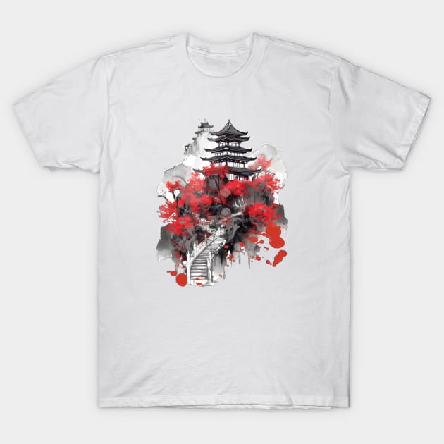 Japanese anchient building in watercolor style T-Shirt by TeePulseMania